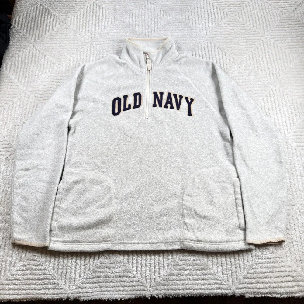 Old Navy Fleece Quarter Zip Pullover Men L Grey Spellout Logo Vintage Y2K Preppy
